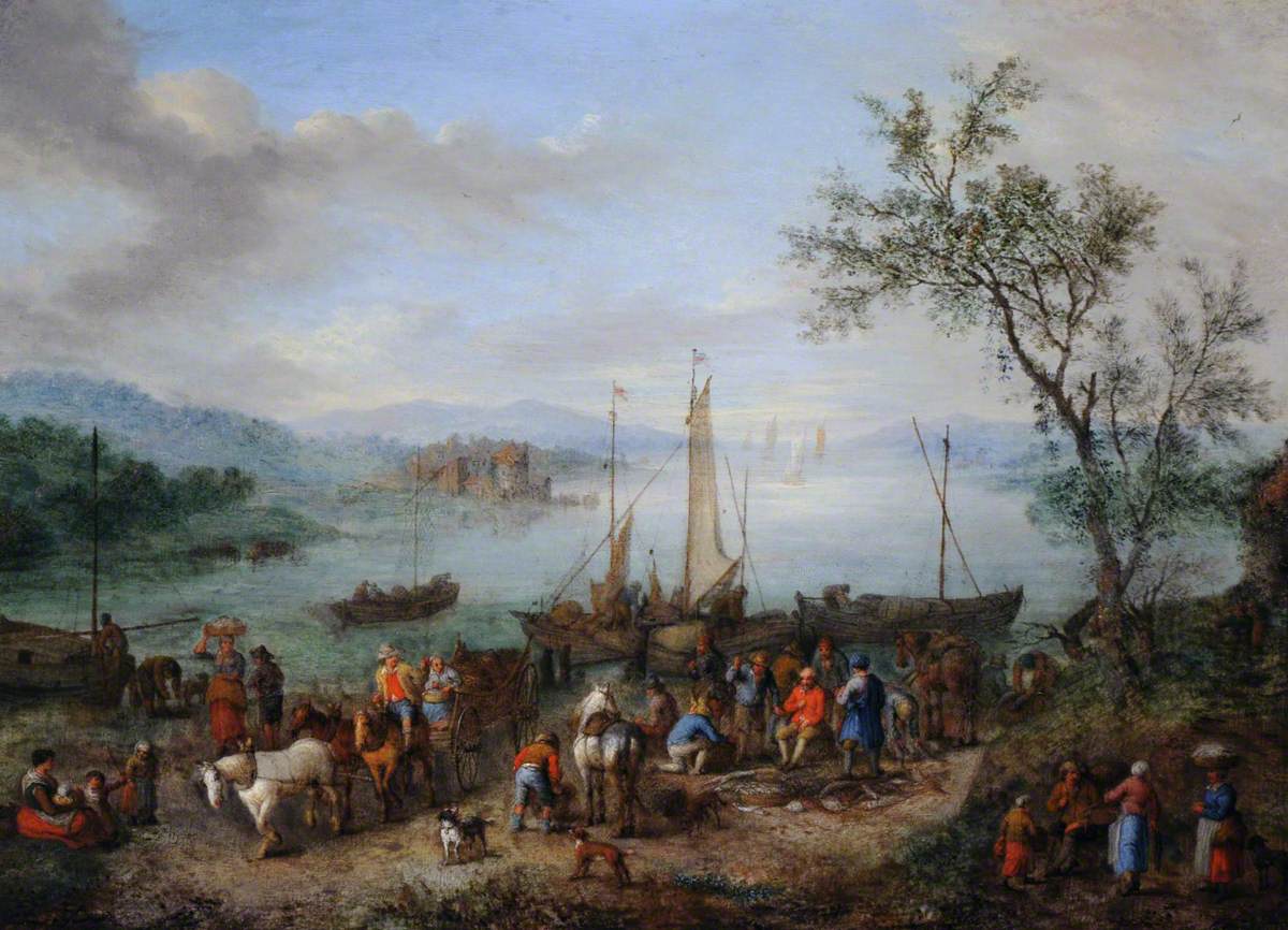 A River Landscape with Fishermen Unloading their Catch