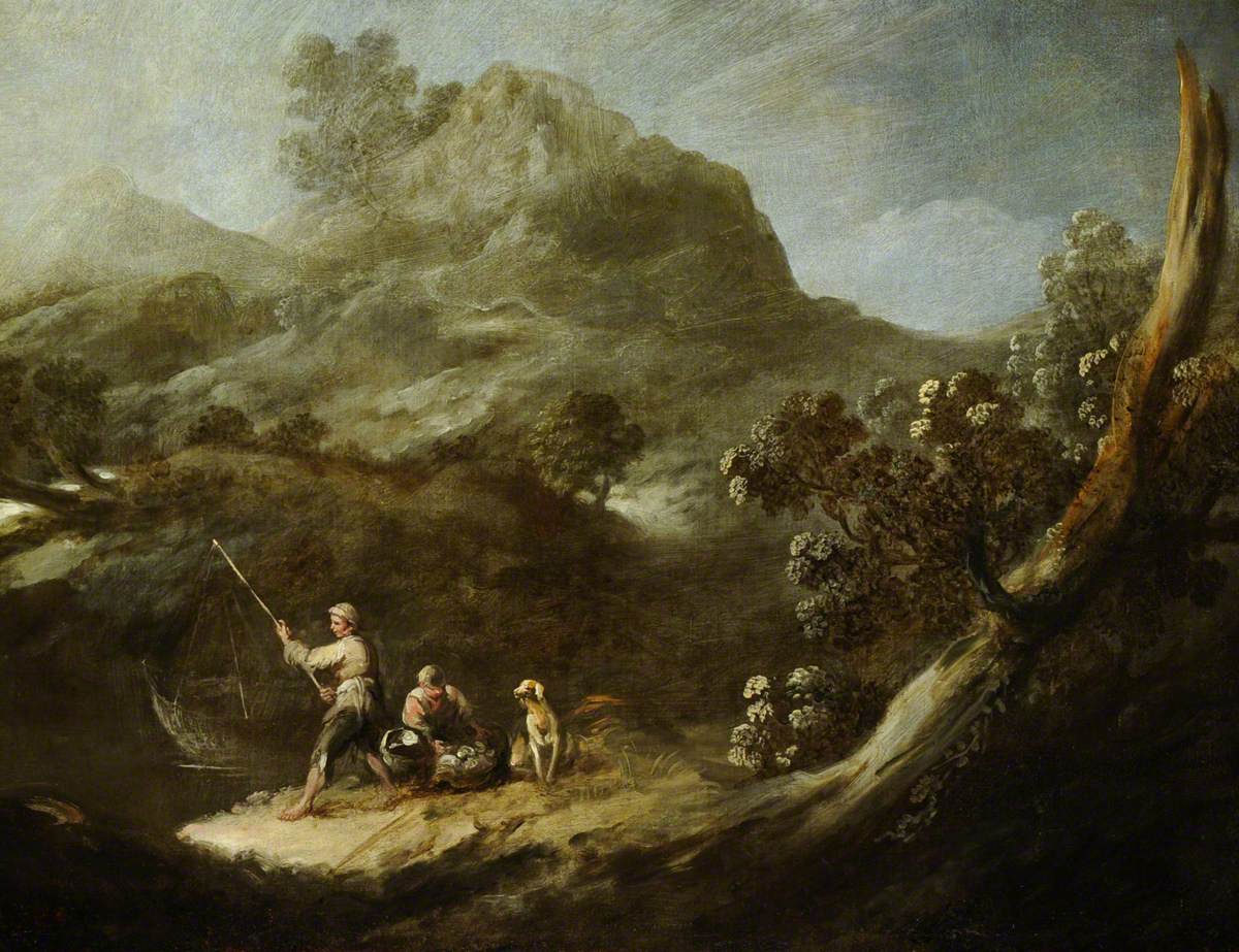 Rocky Wooded Landscape with Two Fisher Boys and a Dog
