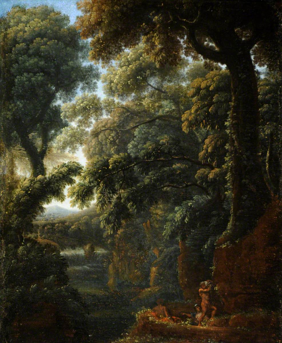 Wooded Landscape with Figures Bathing by a Cascade