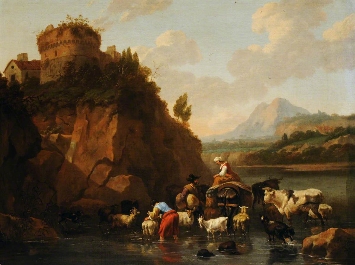 An Italianate Landscape with Herdsmen, Cattle and Goats