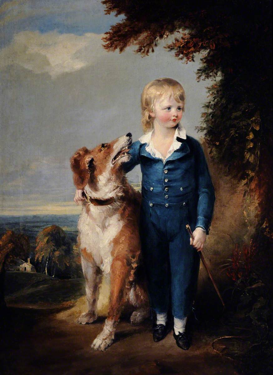 Portrait of an Unknown Boy Wearing a Blue Suit in a Landscape with a Dog