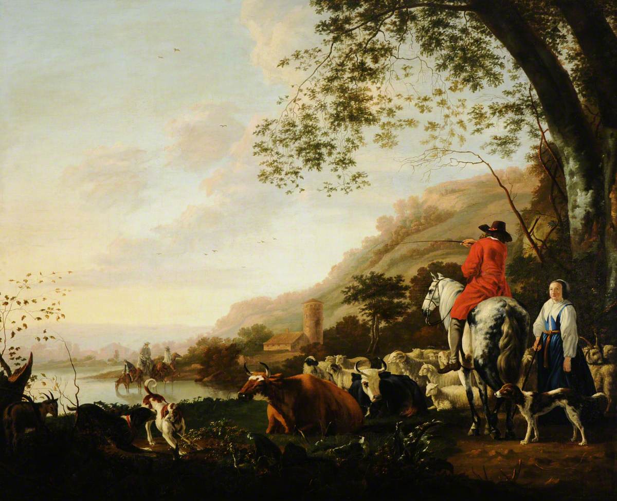 A Hilly River Landscape with a Horseman Conversing with a Shepherdess