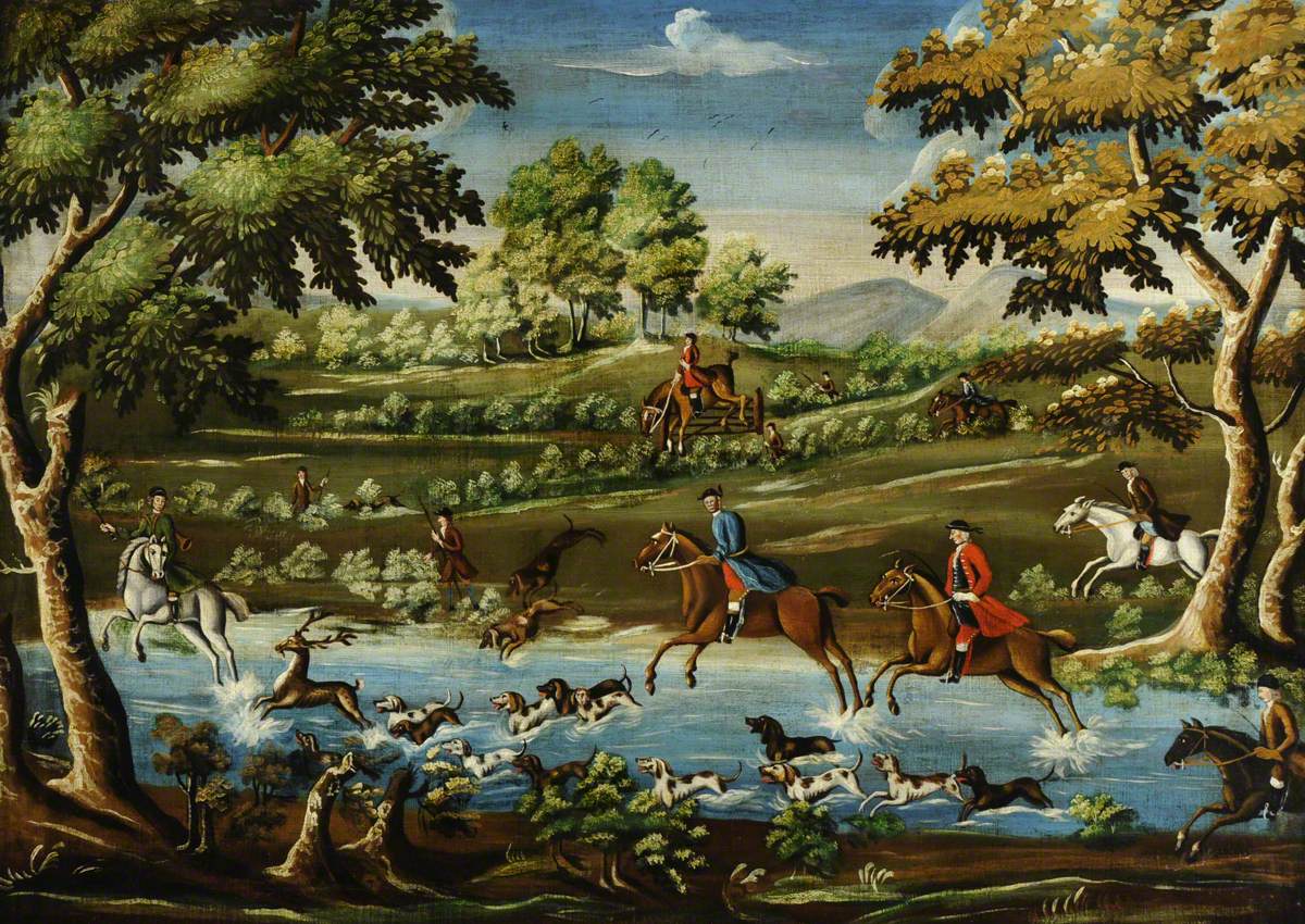 Huntsmen and Hounds Crossing a River in Pursuit of a Deer