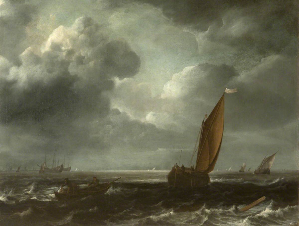 Fishing Boats and a Rowing Boat on a Choppy Sea