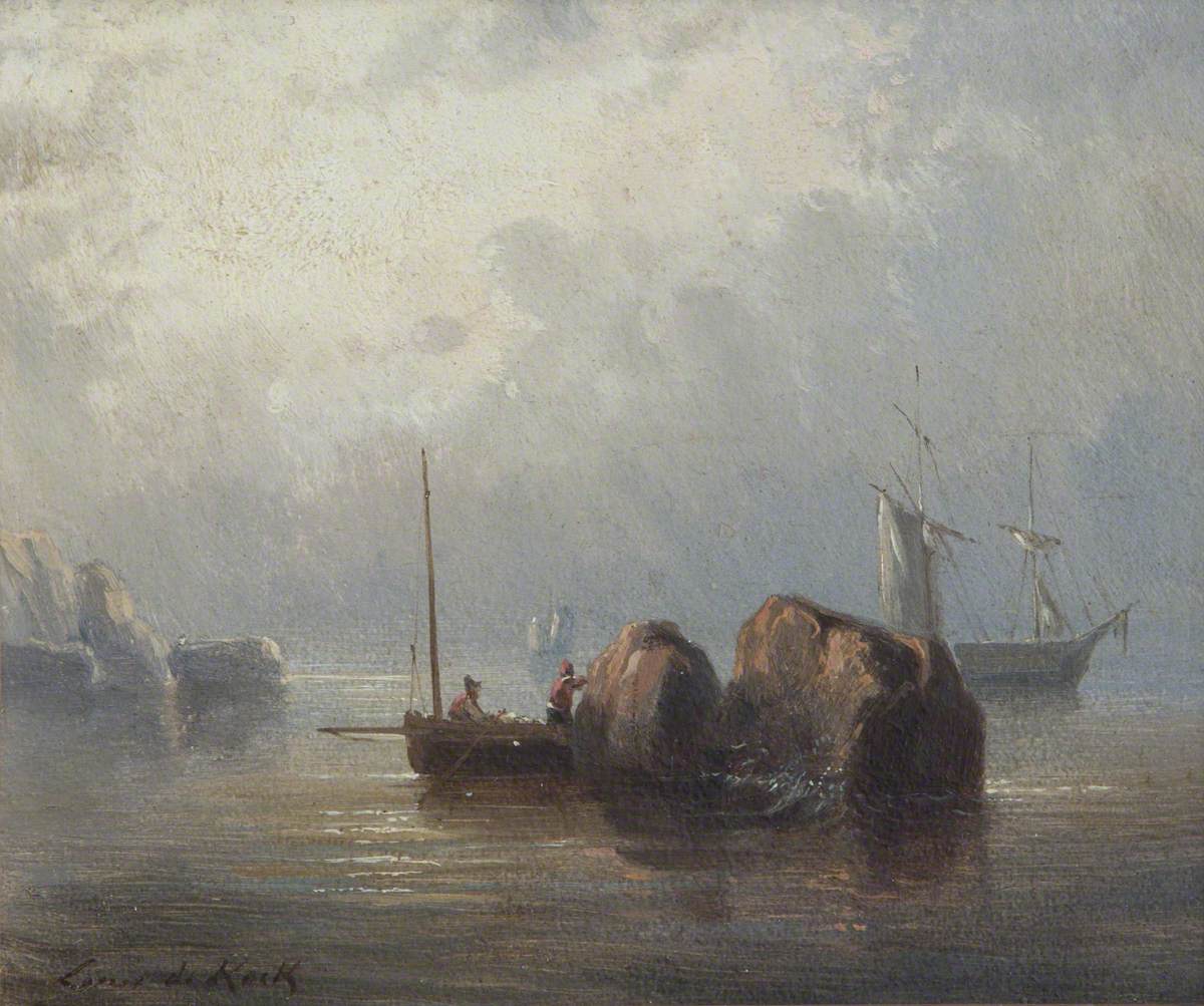Coastal Scene (Boats by a Rock)