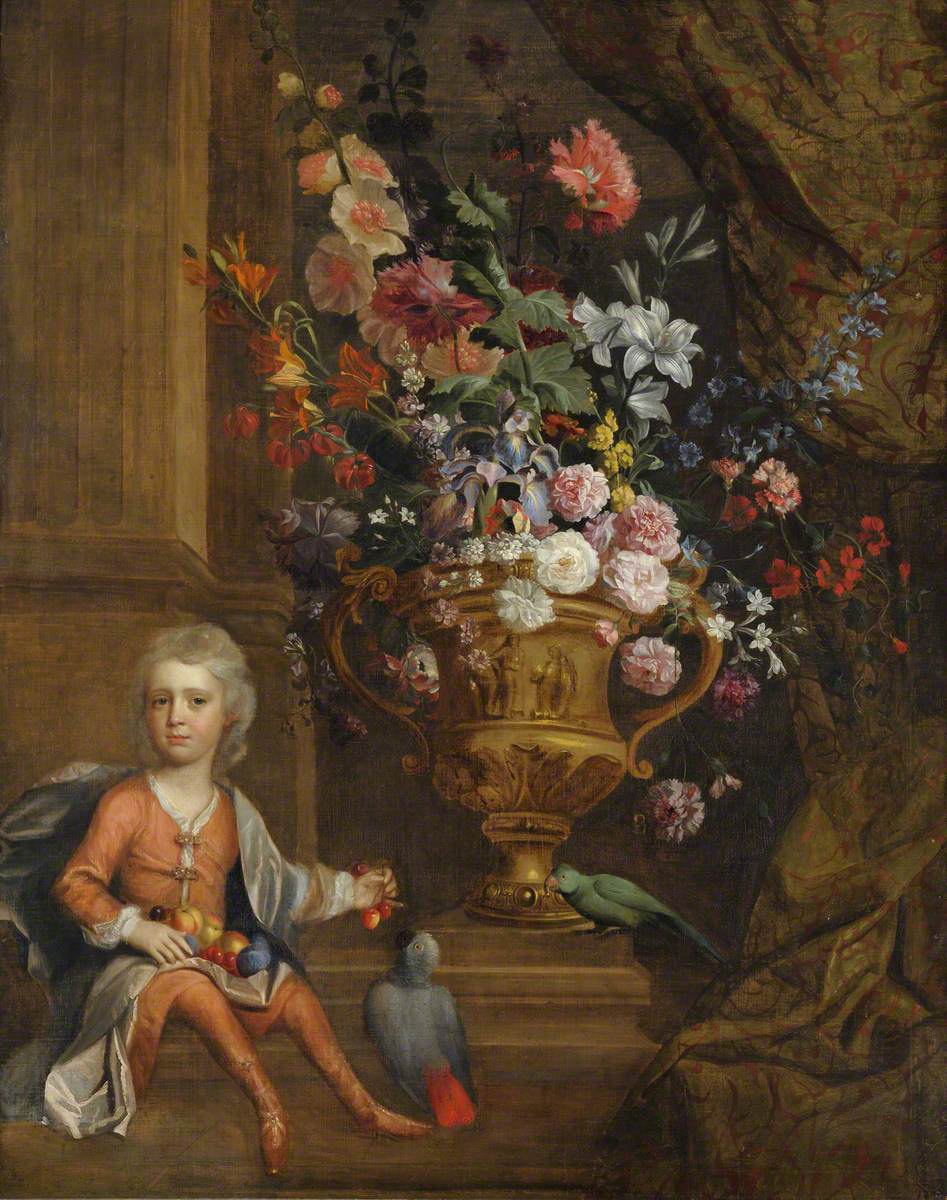 A Floral Still Life, with a Boy Feeding Cherries to Two Parrots