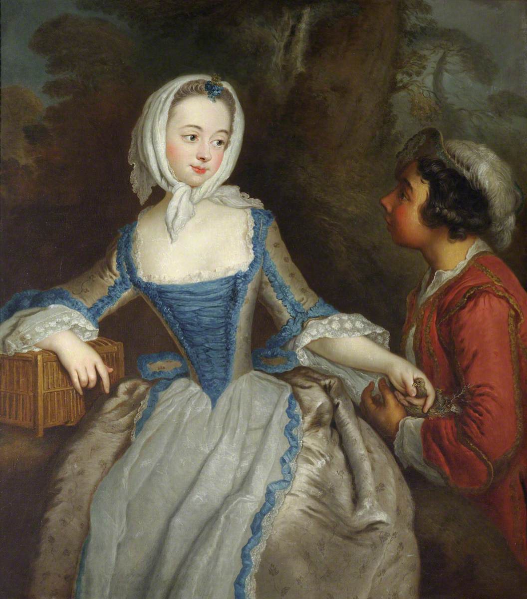 A Girl with a Birdcage and a Suitor