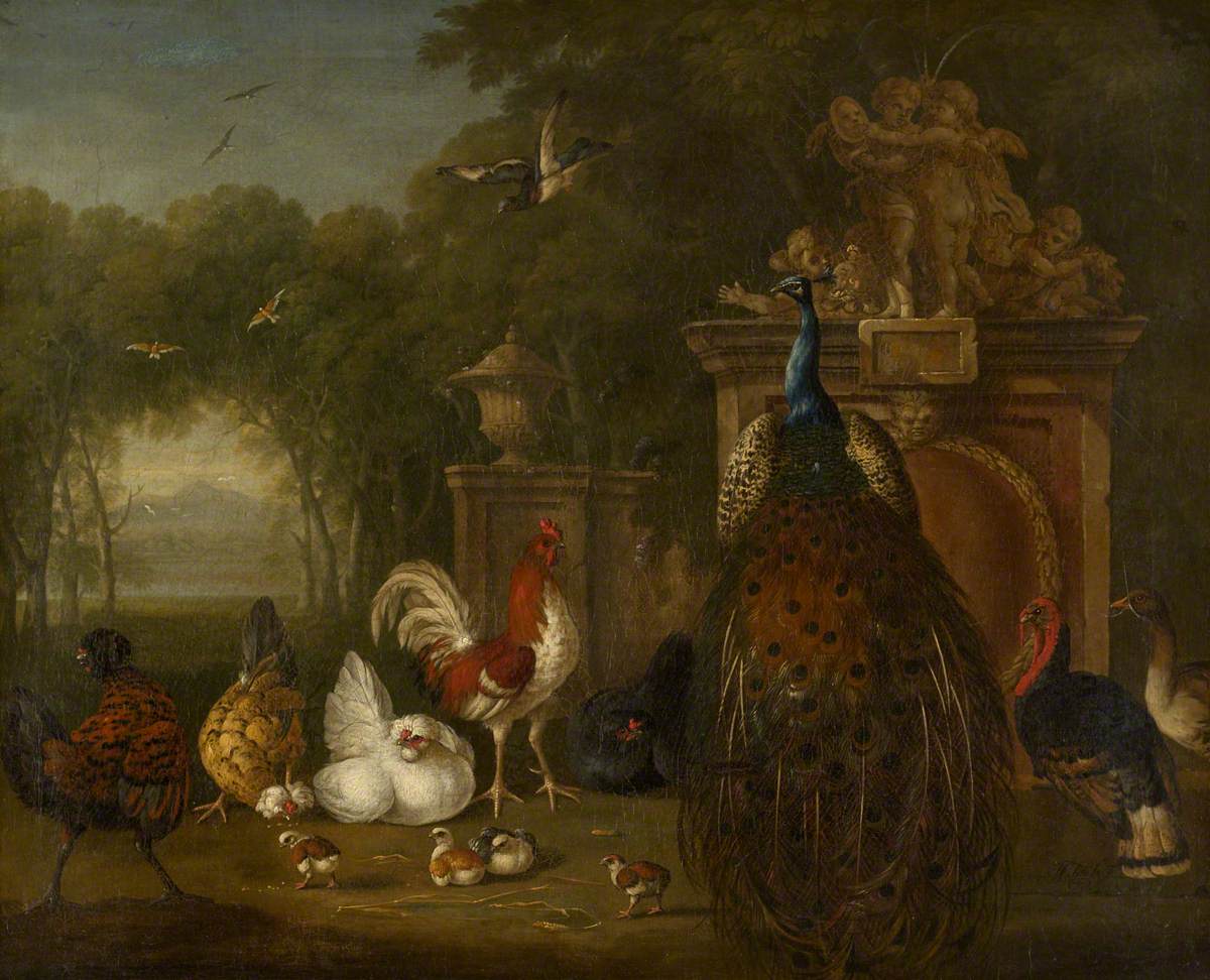 Peacock and Domestic Poultry near a Statue in a Garden