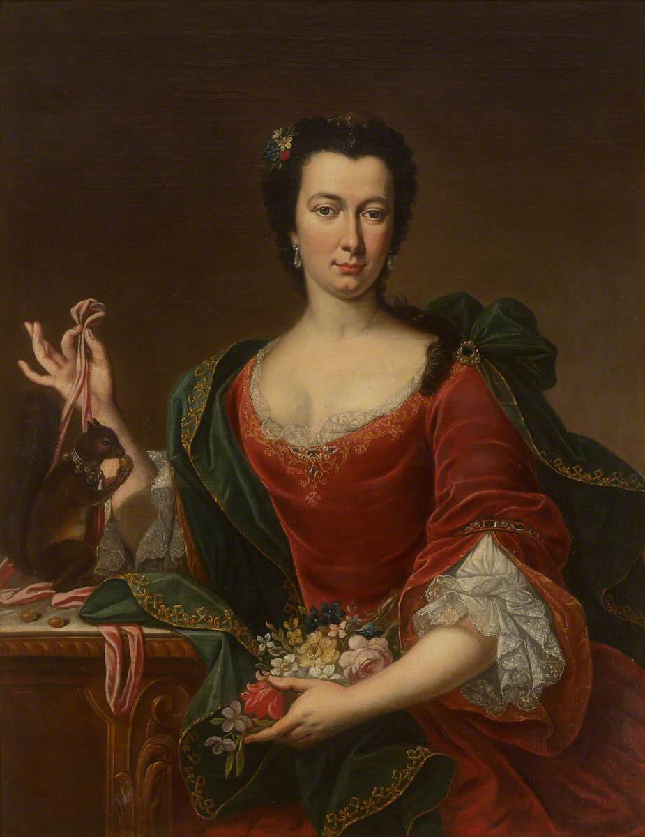 Portrait of an Unknown French Lady Holding Flowers and a Red Squirrel