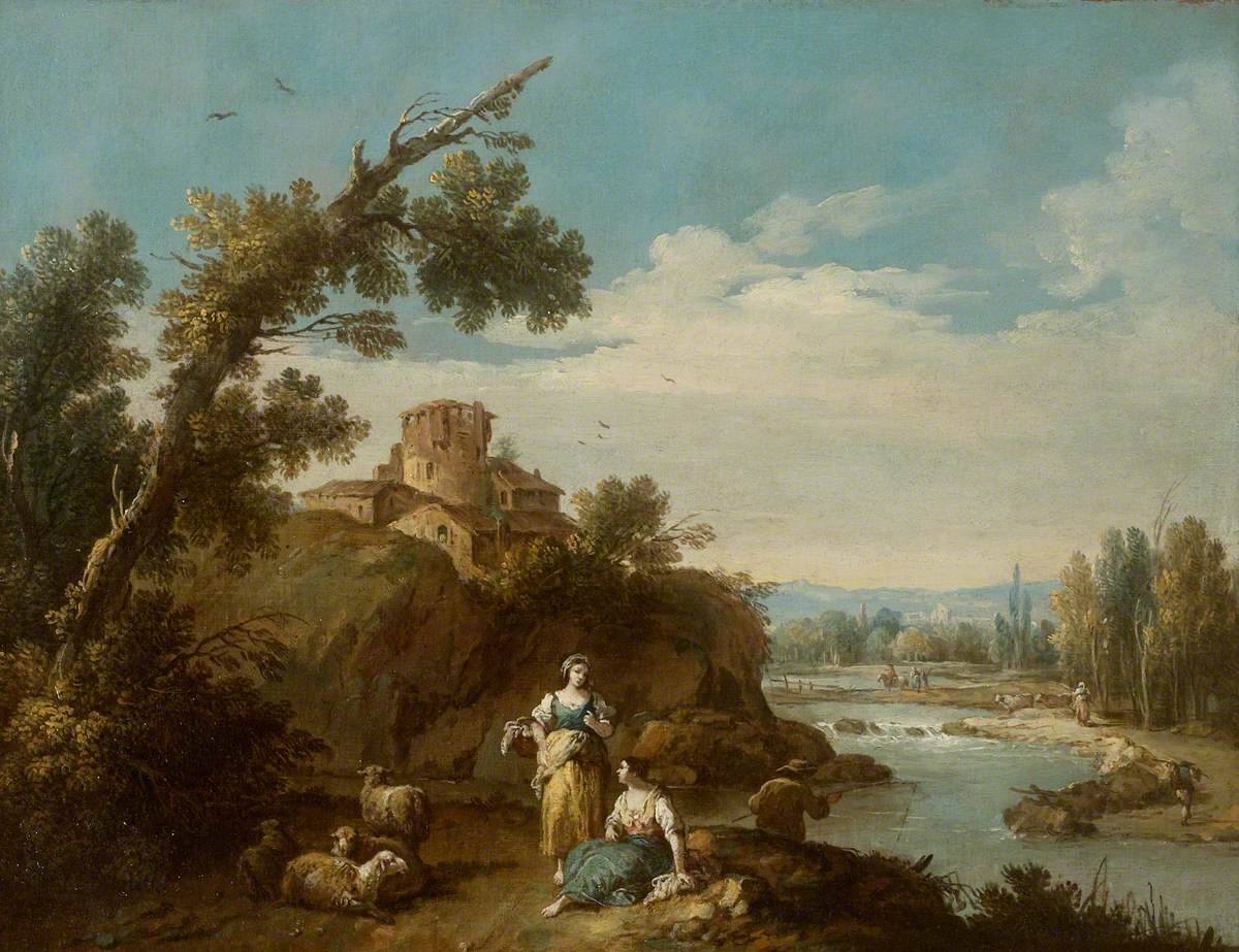 River Landscape with Two Country Women and Four Sheep on a Winding Road, a Fisherman, and Farm Buildings Round an Old Round Tower in the Middle