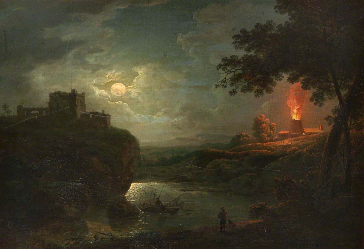 A Castle and Burning Kiln over a River by Moonlight