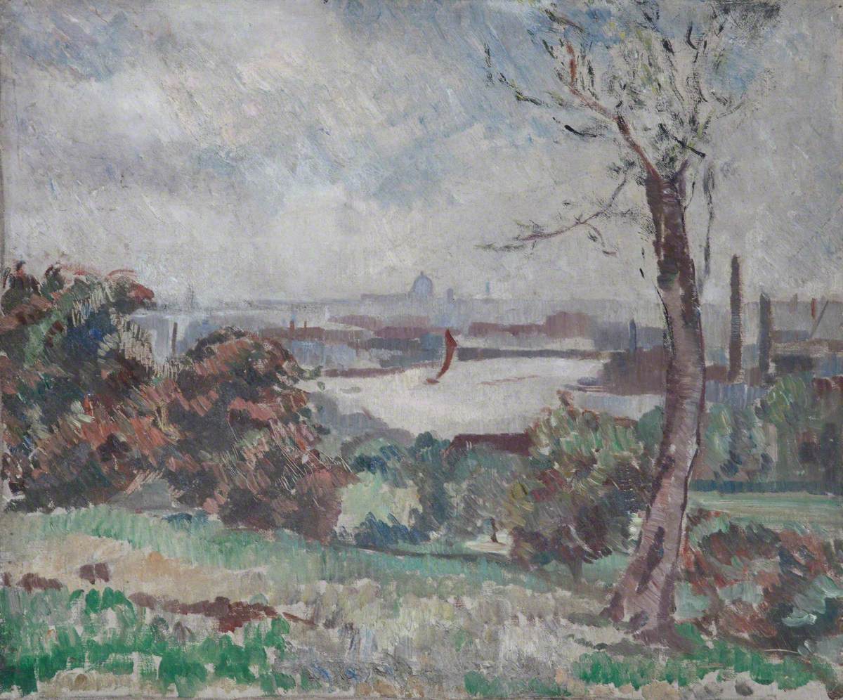 View over a field with a Tree to a Boating Lake