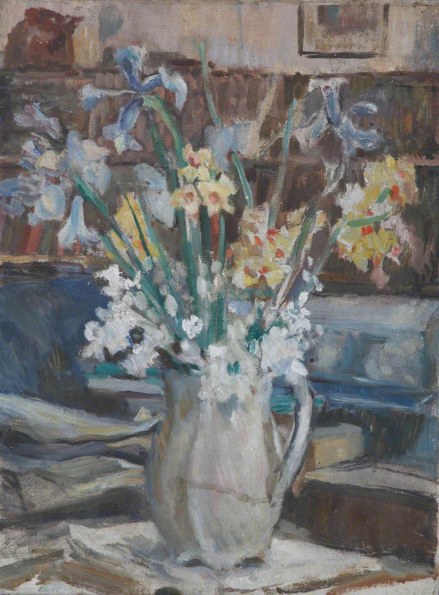 Still Life of a Vase with Daffodils and Blue Irises