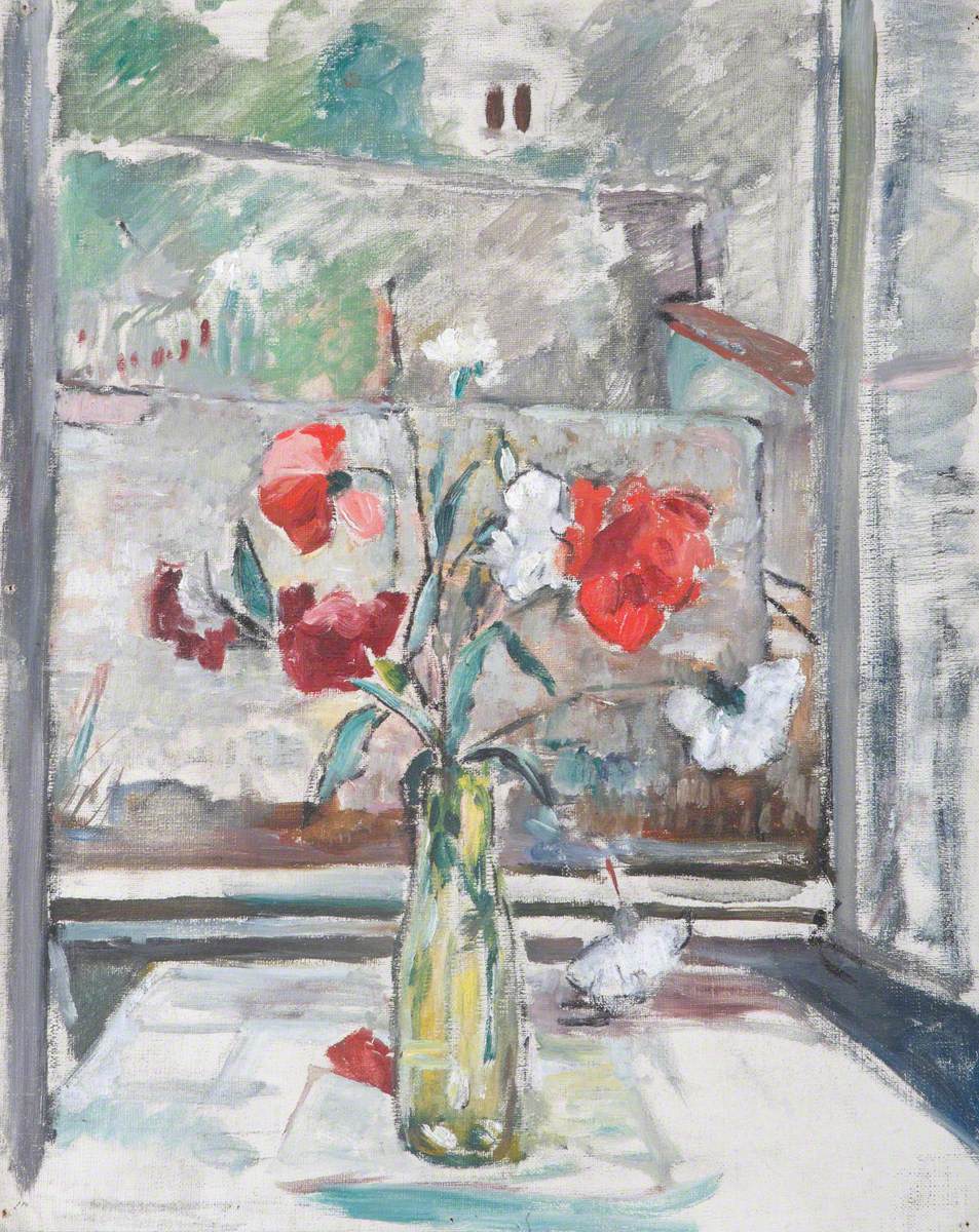 A Vase with Poppies on a Table by a Window, with a View Out