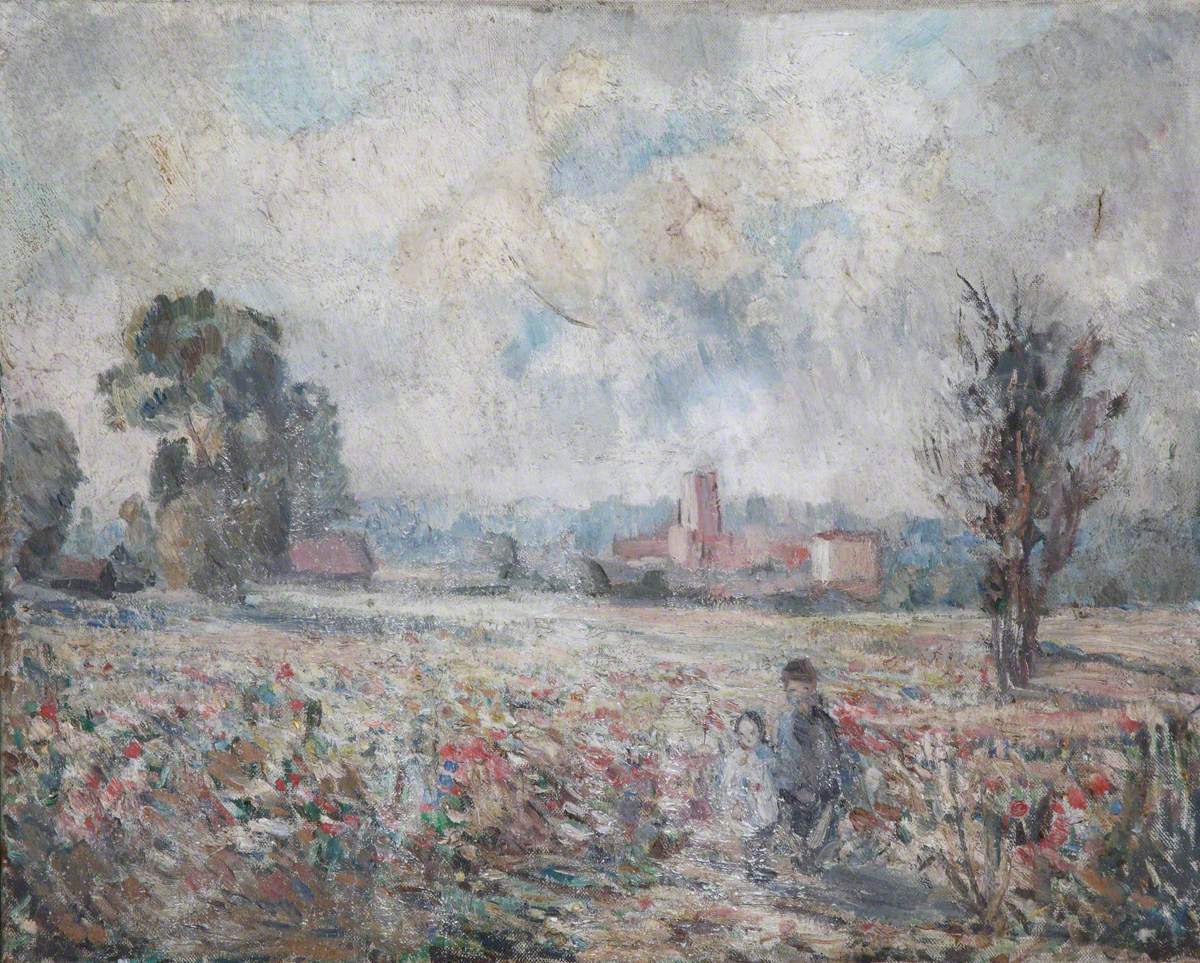 Two Children in a Field of Flowers, with a Village in the Distance