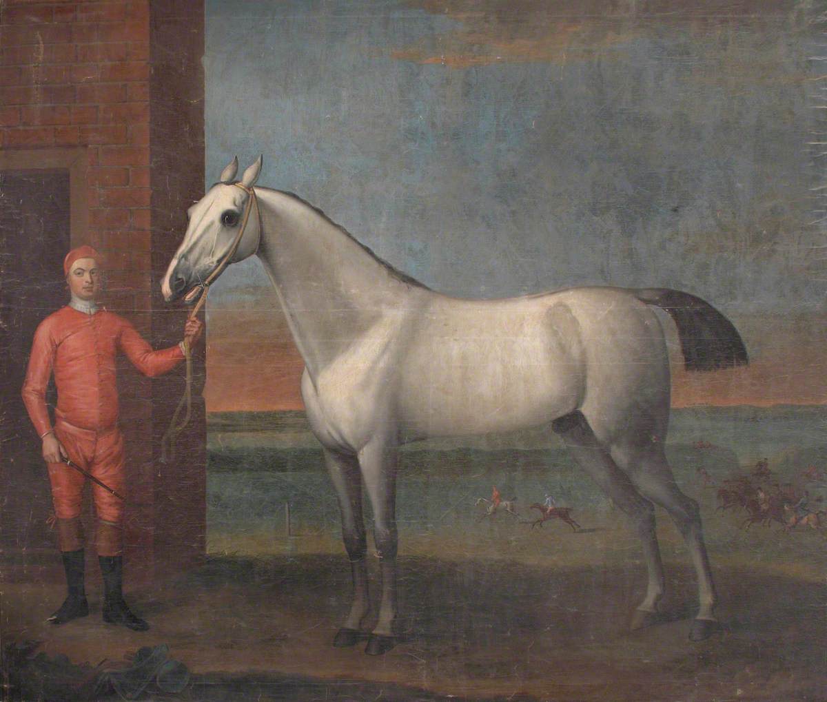 A Grey Horse and Jockey in Red Colours, before a Stable