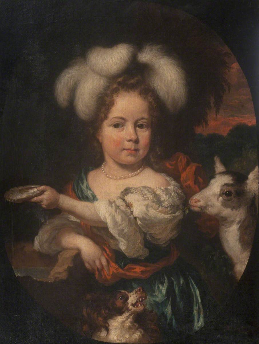Portrait of a Young Girl in a Feather Headdress, with a Kid