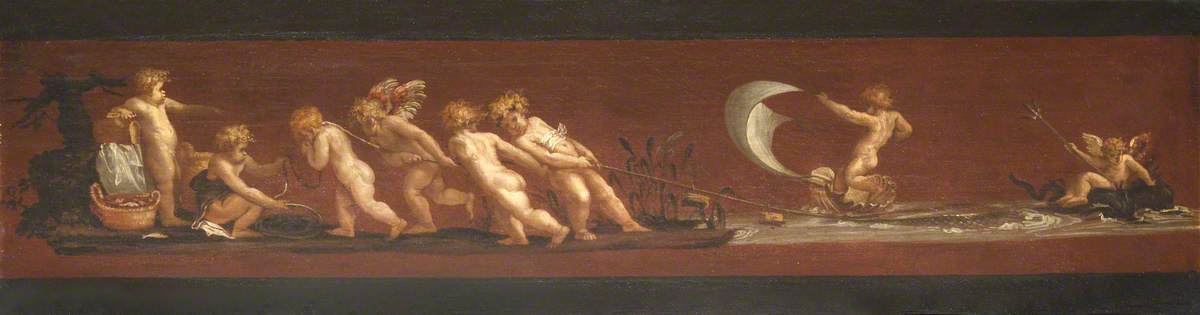 Putti and a Cupid Pulling in a Net with a Putto on a Cockleshell Boat