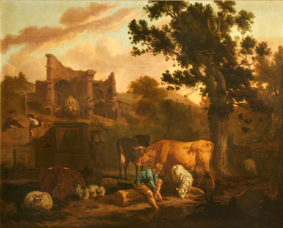 Landscape with Ruins, a Tomb, Herdsfolk, Sheep and Goats