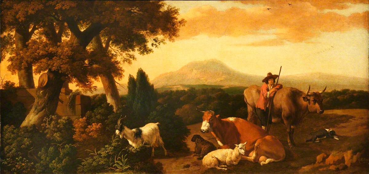 Surprised Oil painting sleeping Shepherd with sheep cows goats dog in landscape 
