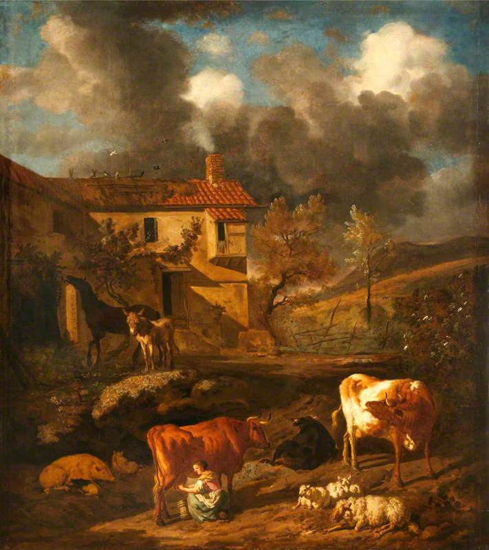Landscape with a Milkmaid Milking a Cow, a Farm Dwelling, Cows, Sheep and a Donkey