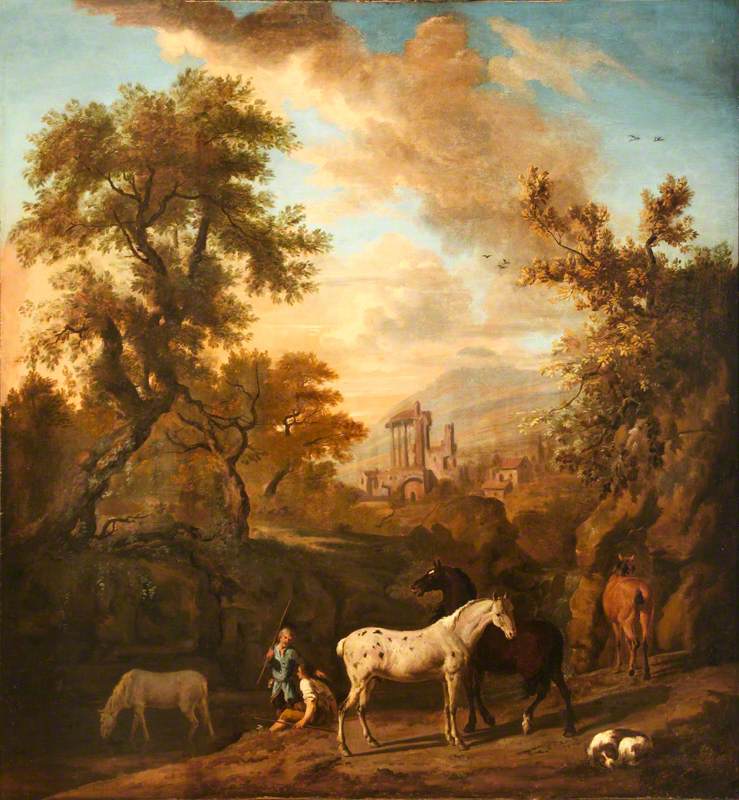 Landscape with Figures, Horses and a Dog, and Ruins in the Distance