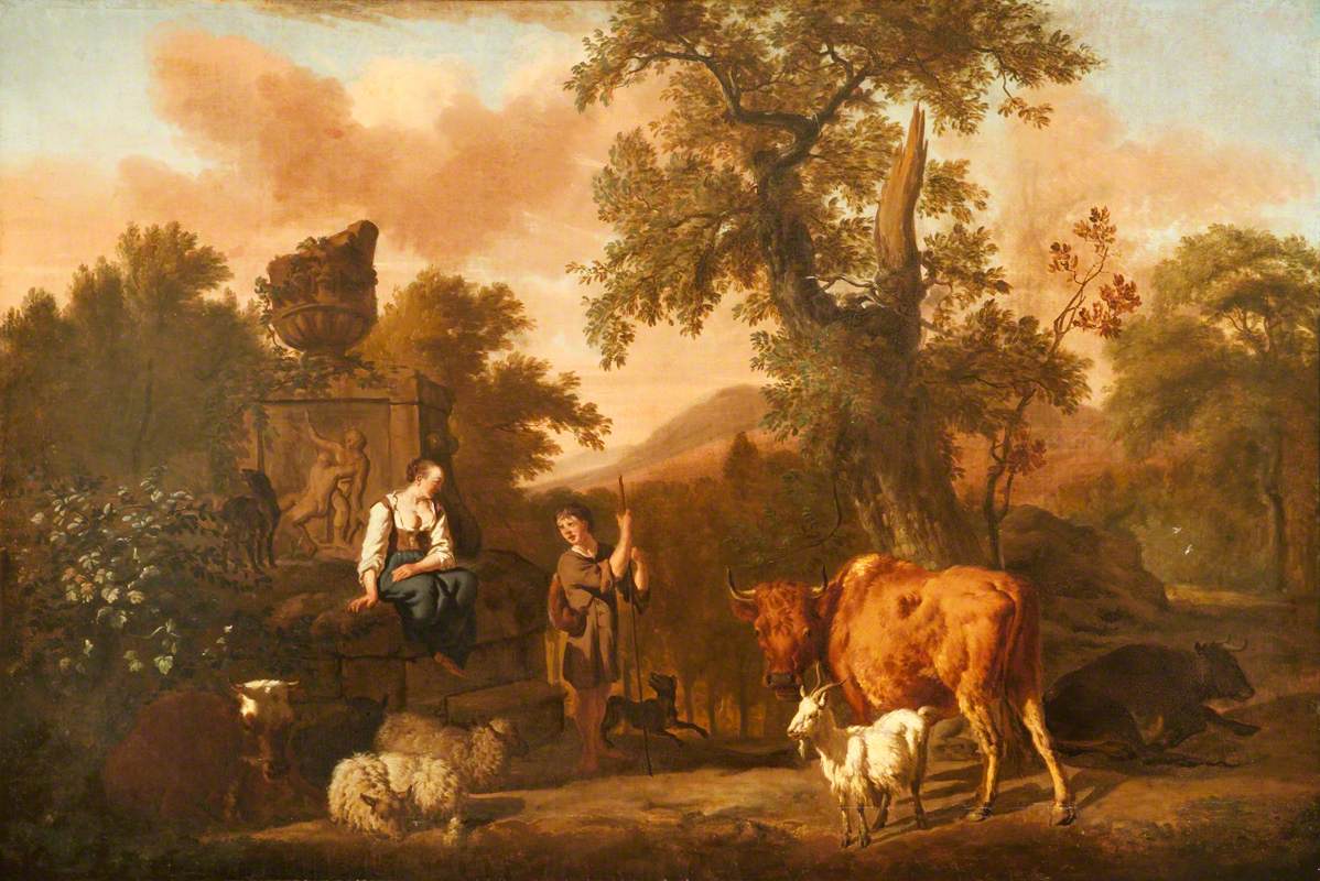 A Landscape with an Antique Tomb with a Ruined Urn, a Herdsboy and Shepherd Girl, Cattle, Sheep, and a Goat