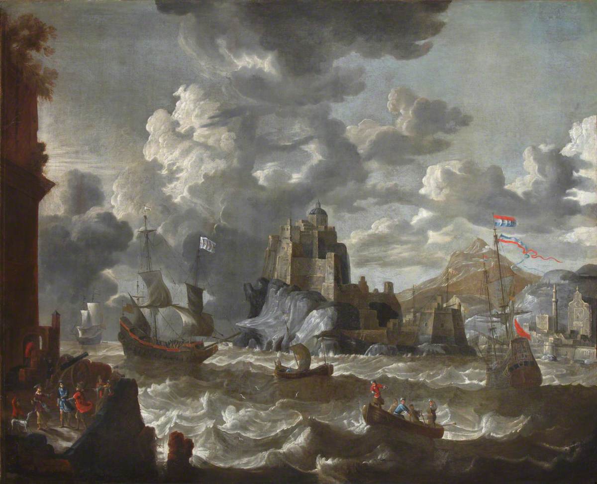 A Mediterranean Port Scene with Shipping in Choppy Seas and with a Fort in the Centre