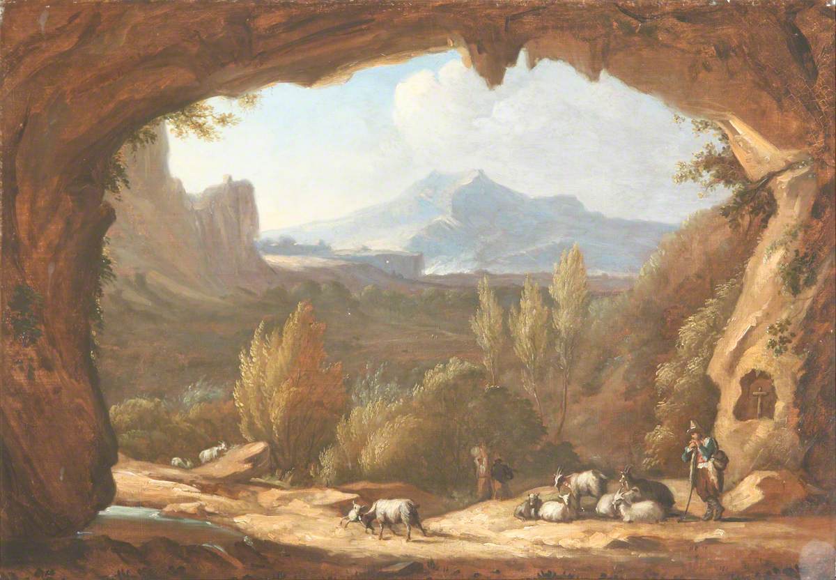 Landscape with Cattle Seen through a Rocky Archway