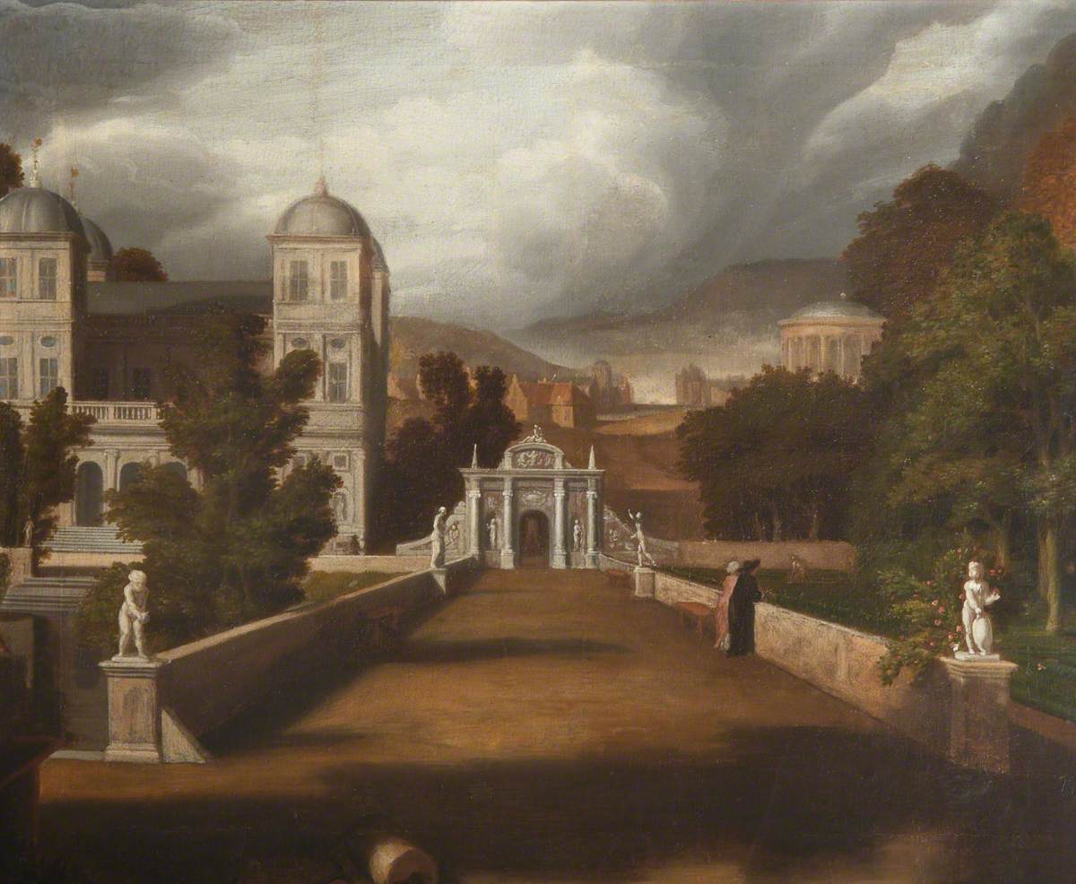 A View of the Approach to a Palace with Elegant Figures and Statues