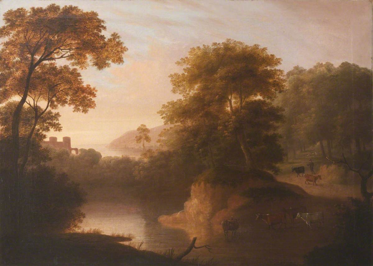 River Landscape with Castle, Herdsman and Cows