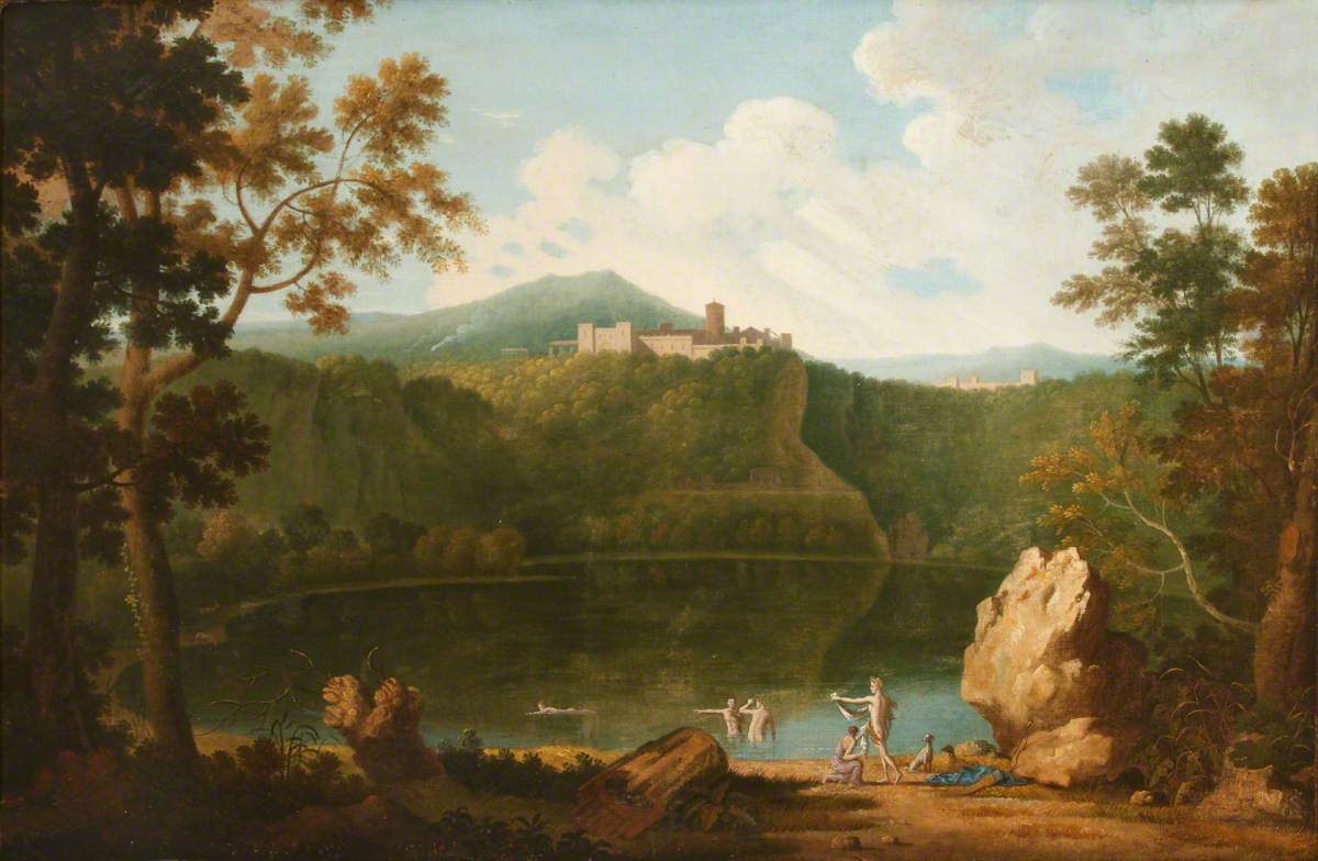 View of Castel Gandolfo with the Lake and Bathers