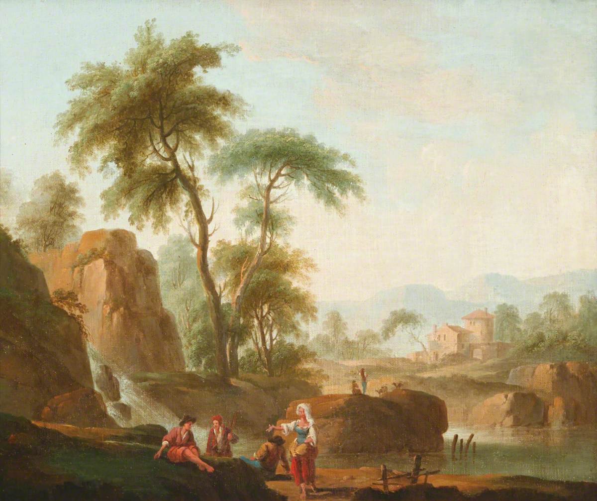An Italianate Landscape with Peasants by a Waterfall