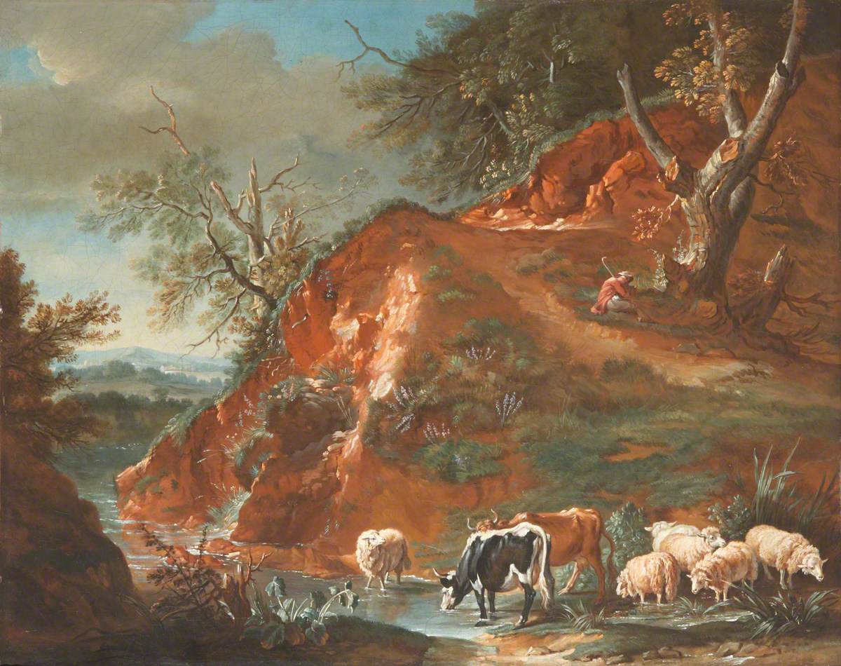 Landscape with Cows and Sheep beside a Mountain Stream