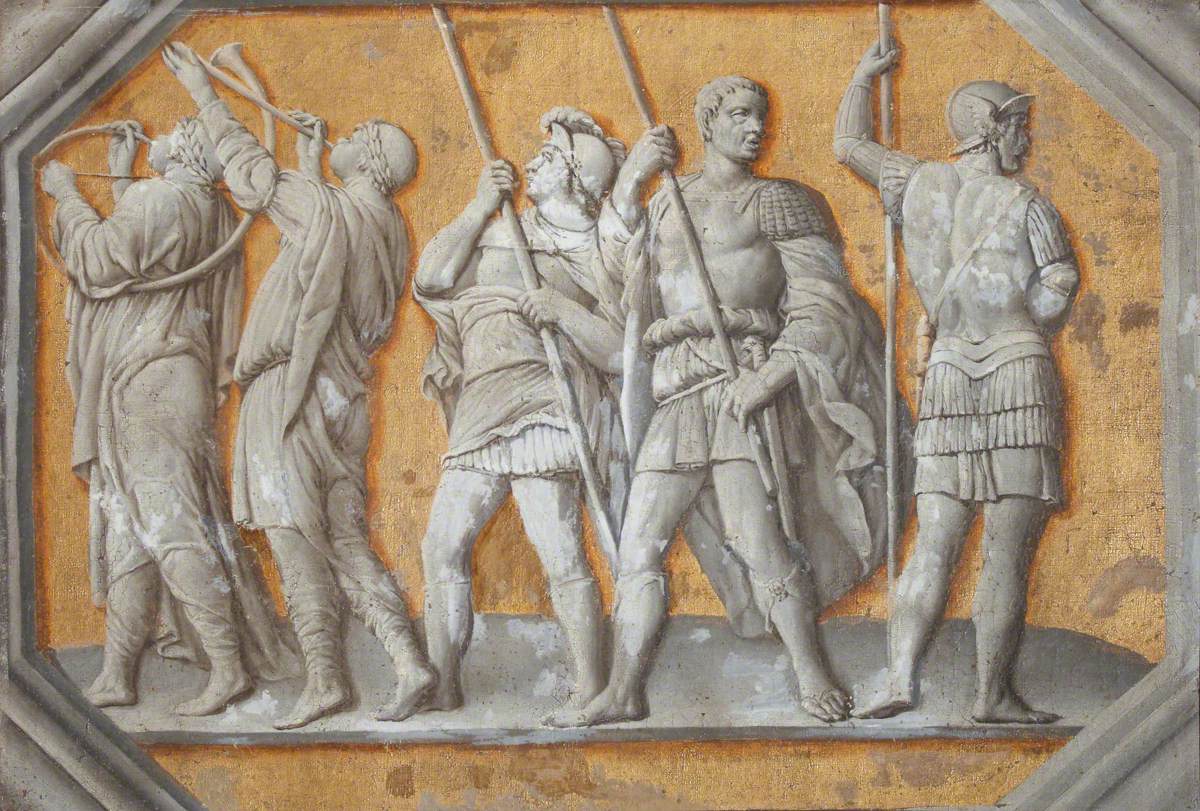 A Simulated Relief of Five Roman Soldiers, Three with Pikes, Two Blowing Horns