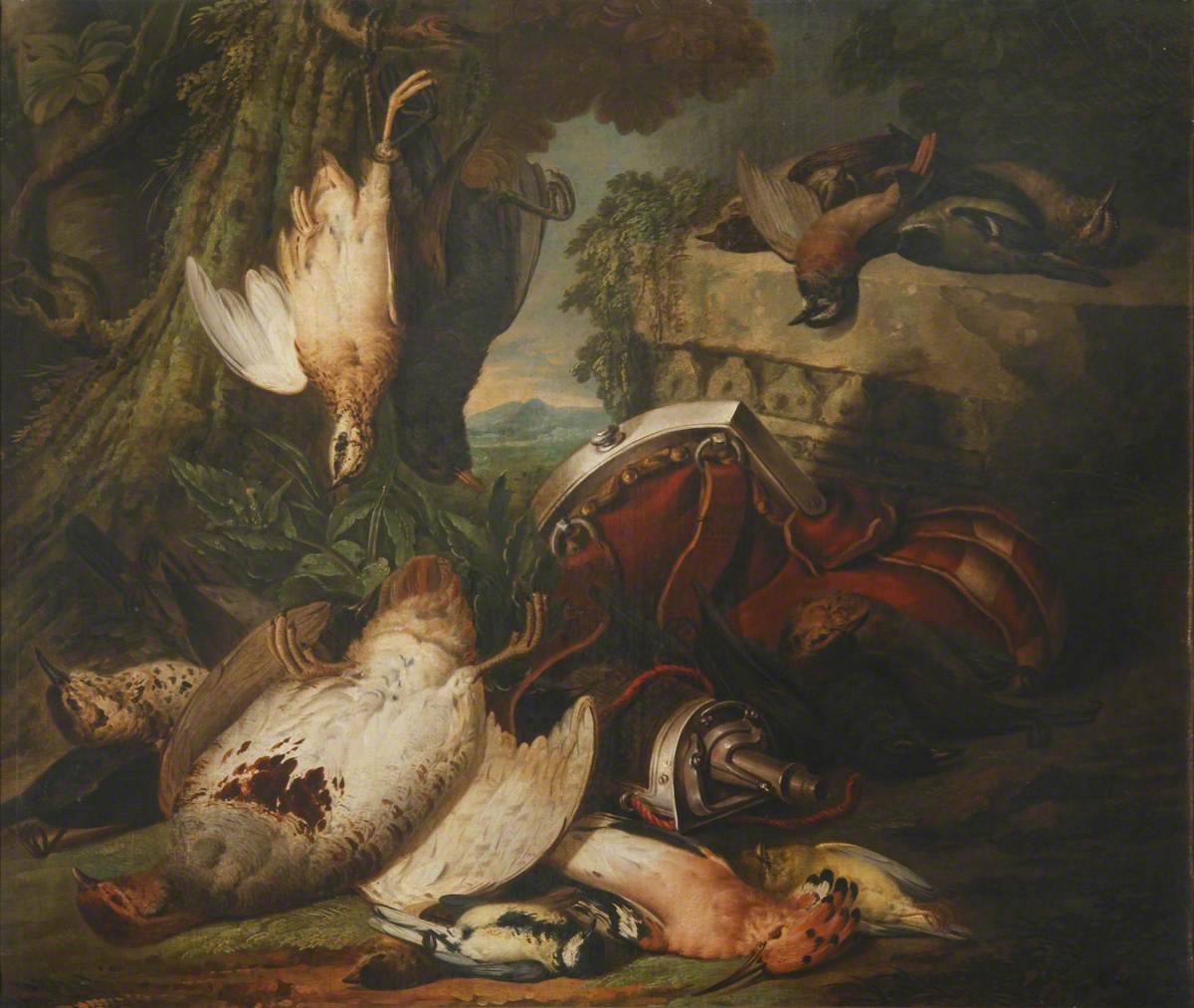 Still Life of Game Birds with a Powder Flask in Landscape