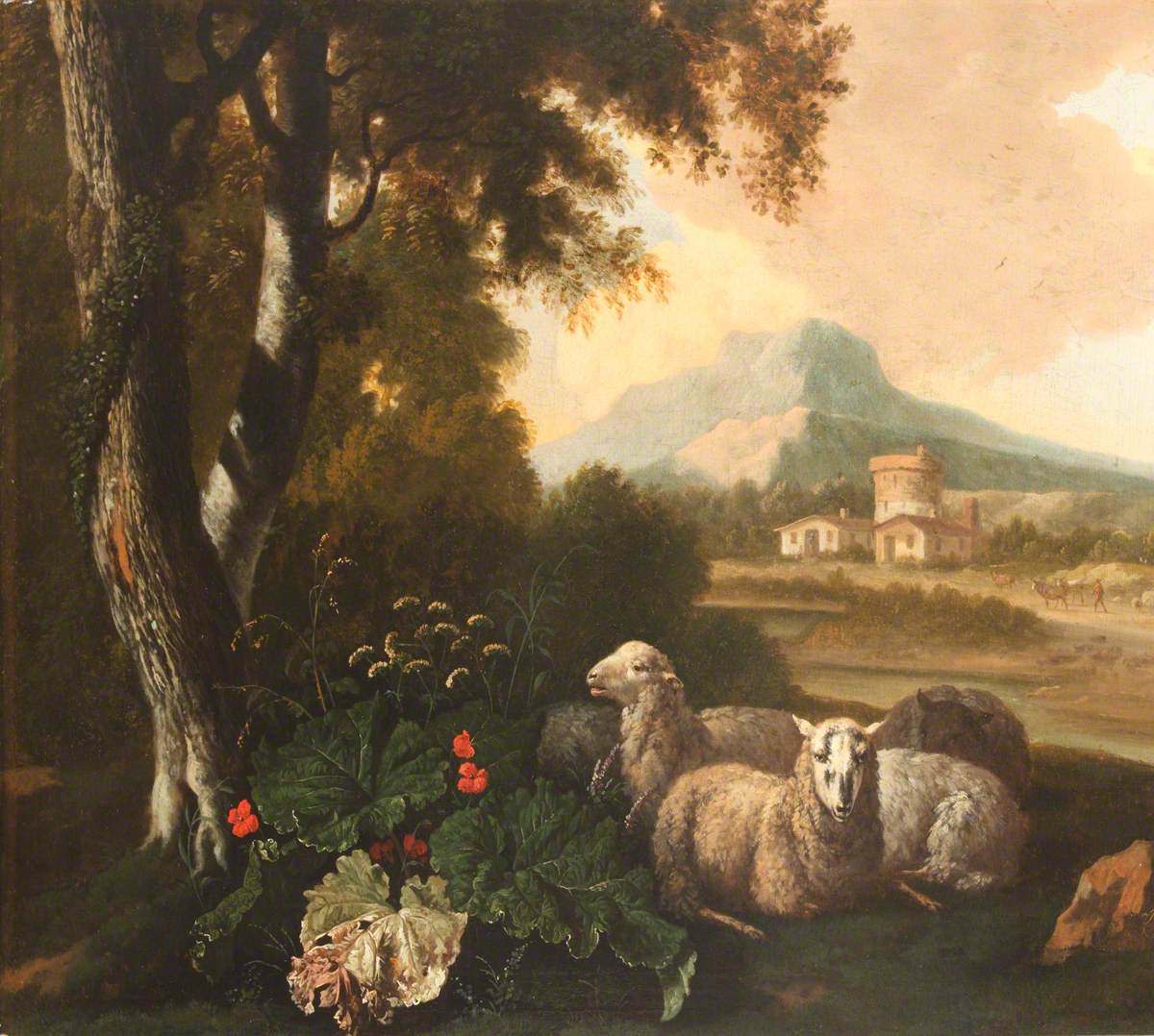 Three Sheep Resting with Buildings and a Farmer in the Background*