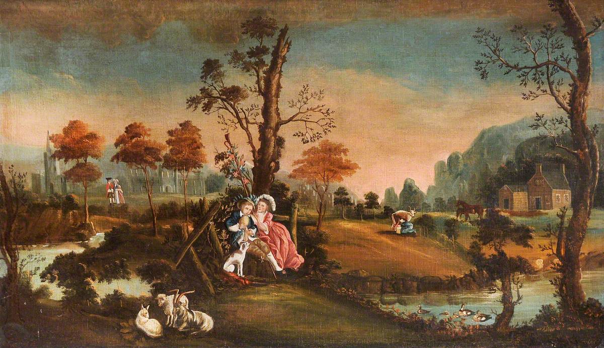 Rustic Landscape with Courting Couples and Goats, a House and Church beyond