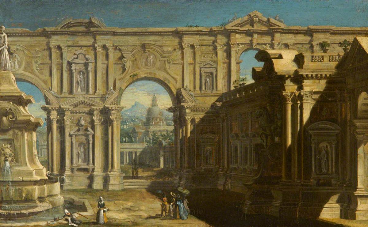 Architectural Capriccio with Figures and Two Washerwomen near a Fountain