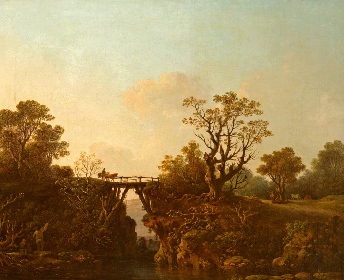 River Scene with a Wooden Bridge