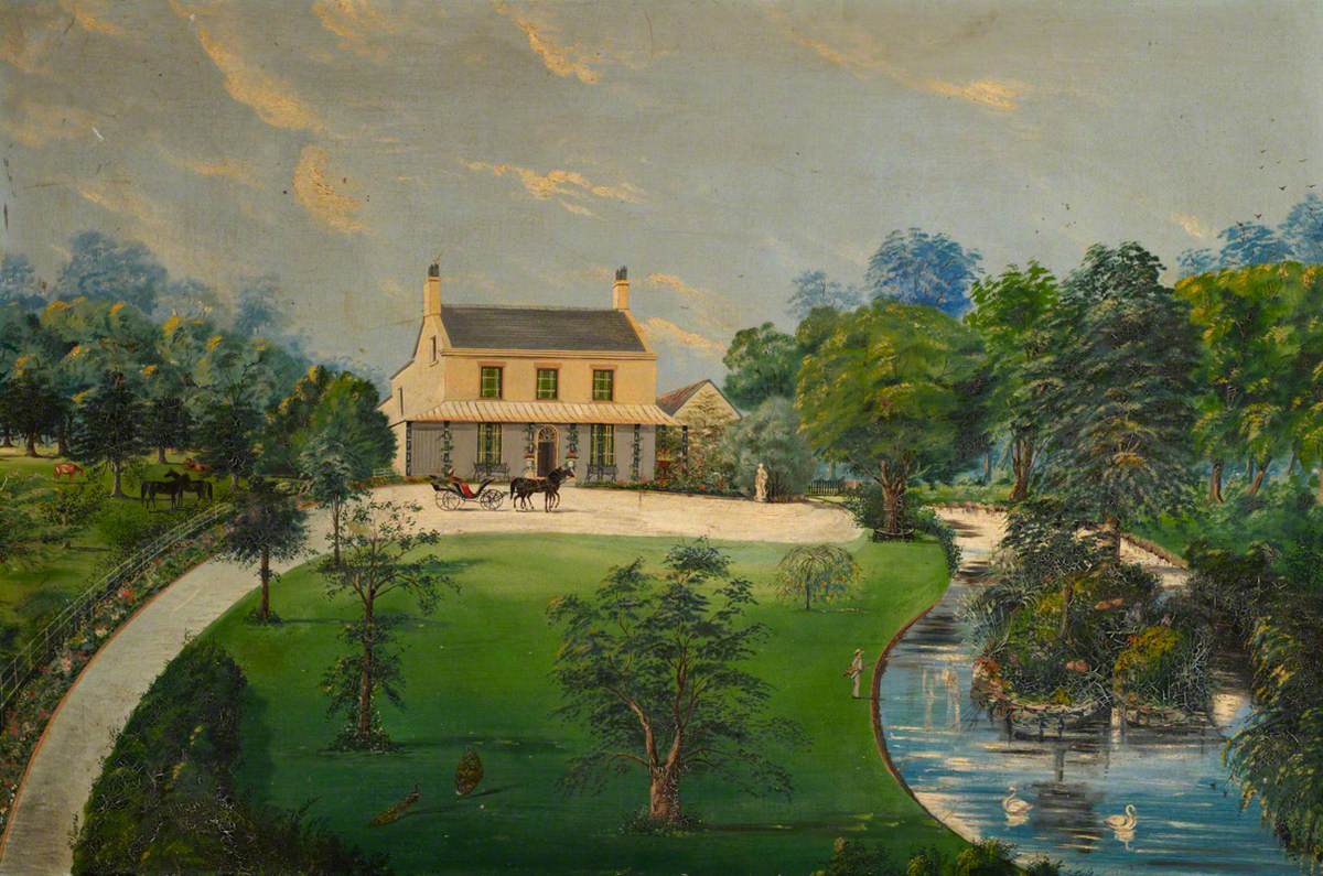 View of a House with Garden, Pond, Horse and Carriage