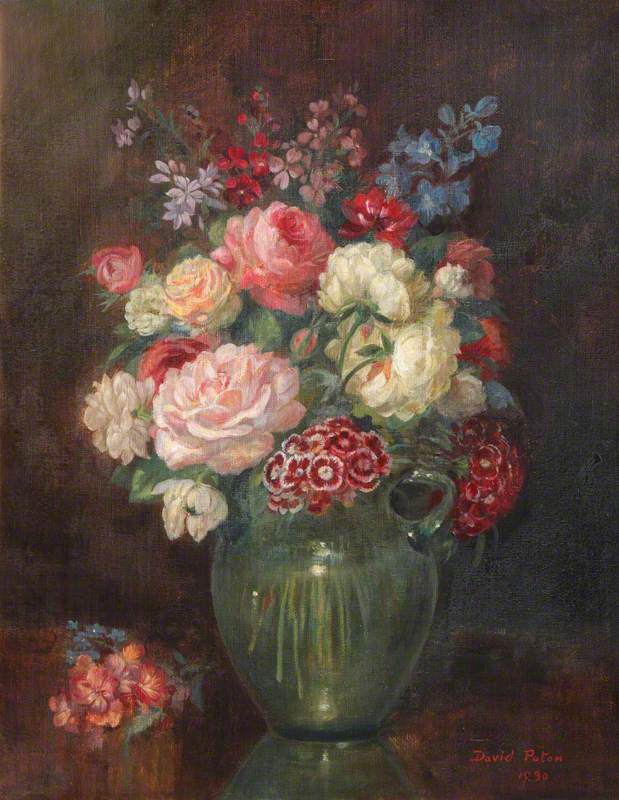 Flowers in a Green Glass Jug on a Table