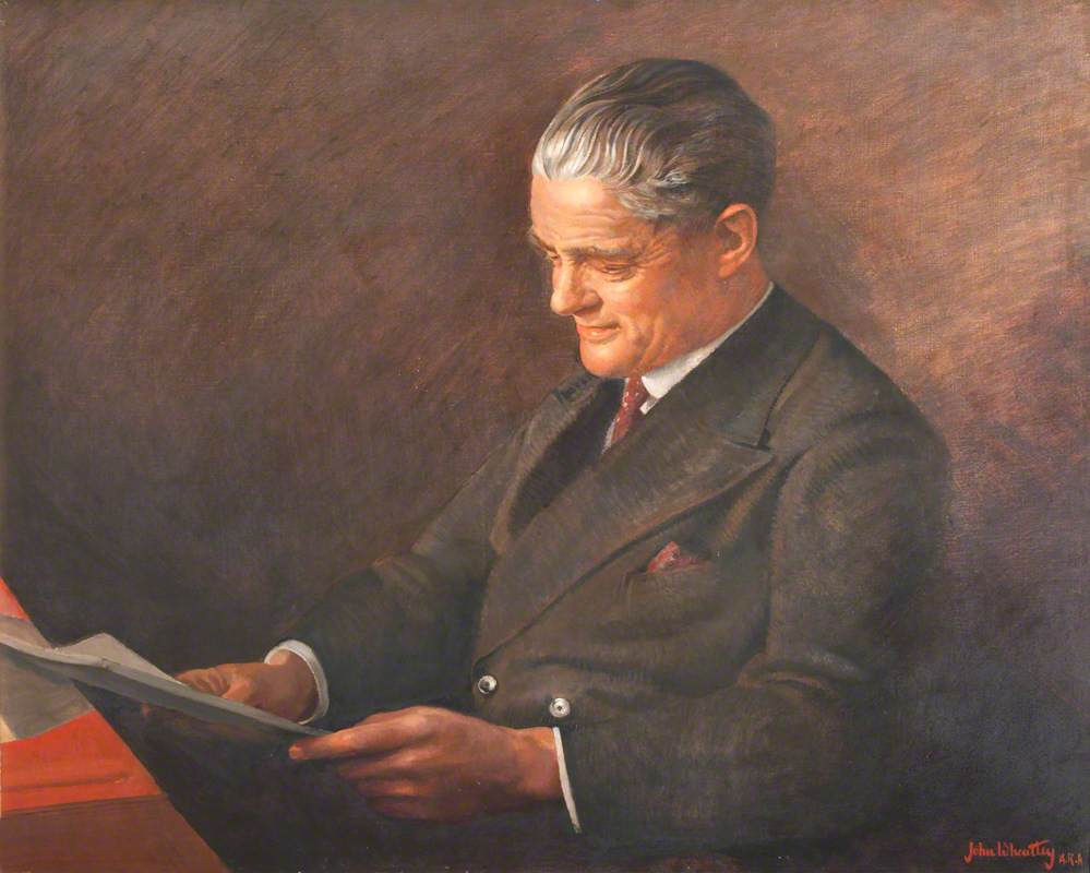 William Morris (1877–1963), Viscount Nuffield in a Brown Suit, Reading a Book