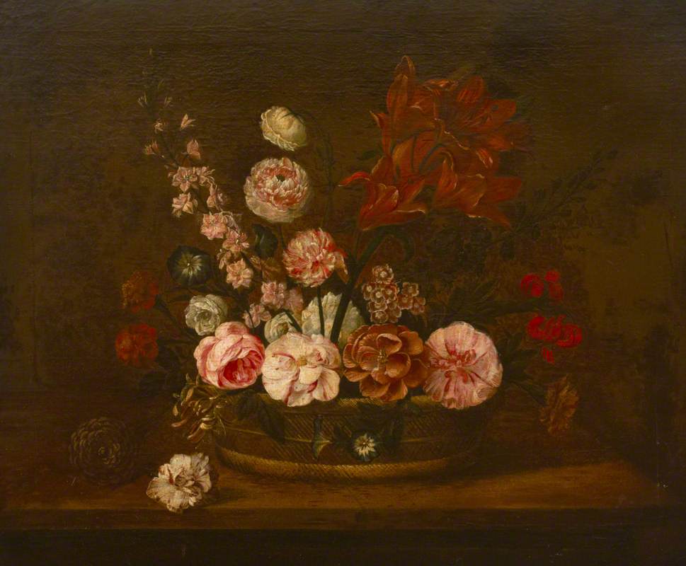 Still Life with Flowers in a Basket on a Ledge