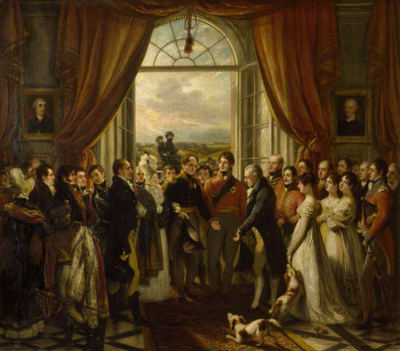 The Allied Sovereigns at Petworth, 24 June 1814 (George, 1751–1837, 3rd Earl of Egremont, with His Children Looking on, is presented by George, Prince Regent, to Tsar Alexander I of Russia in the Marble Hall at Petworth with the King of Prussia, Frederick William III)