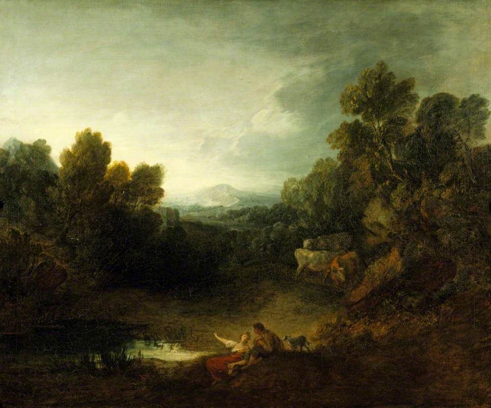 Rocky Wooded Landscape with Rustic Lovers by a Pool
