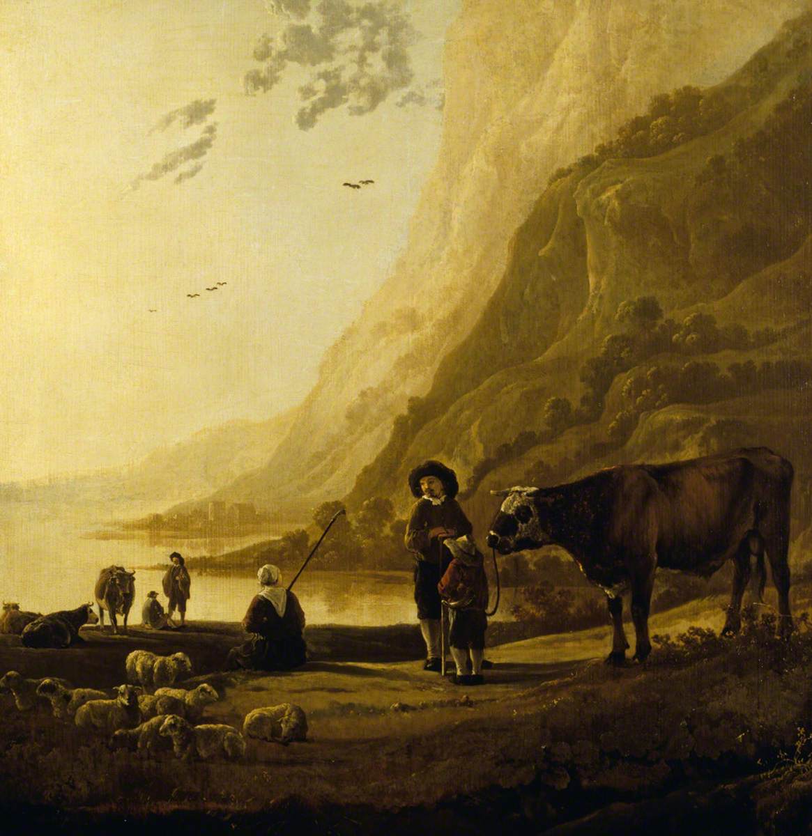 A Mountainous River Landscape with a Herdsman and Bull
