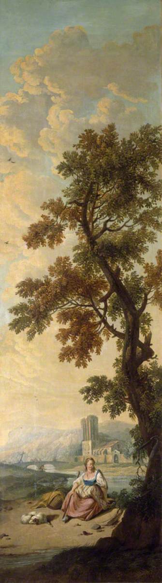 Landscape with a Young Woman Seated beneath a Tall Tree in a River Landscape, Her Dog Asleep