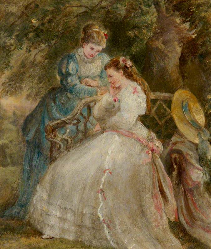 Kate Terry (1844–1924), and Dame Ellen Terry (1847–1928), on a Garden Seat, in 'The Hunchback' by Sheridan Knowles