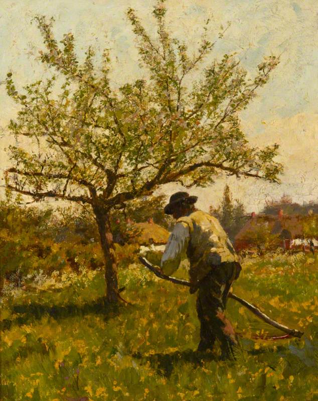 A Man Scything in an Orchard